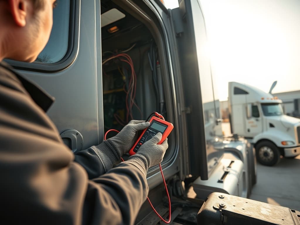 Diesel technician probing a wiring harness with a multimeter, cab access panel open.