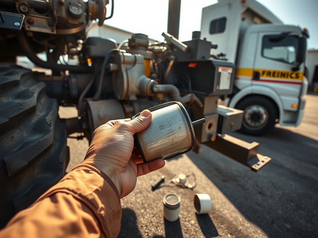 Technician pulling a fuel filter from a yard tractor, drivetrain exposed, service truck parked behind.