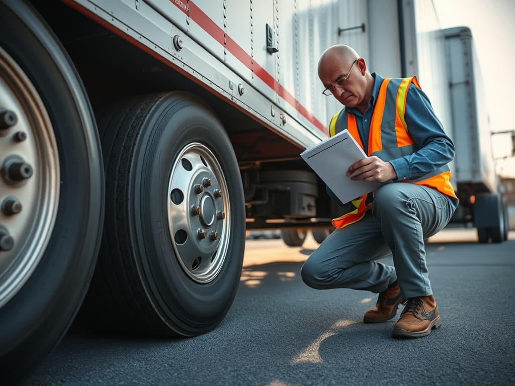 DOT inspector crouched at a steer axle checking tread depth with a gauge, CVSA clipboard visible.