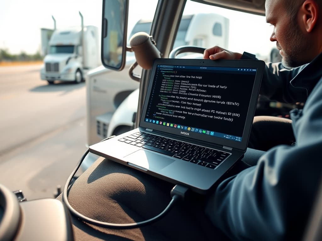 Laptop on the cab seat displaying J1939 fault codes, OBD cable plugged into the diagnostic port under the dash.