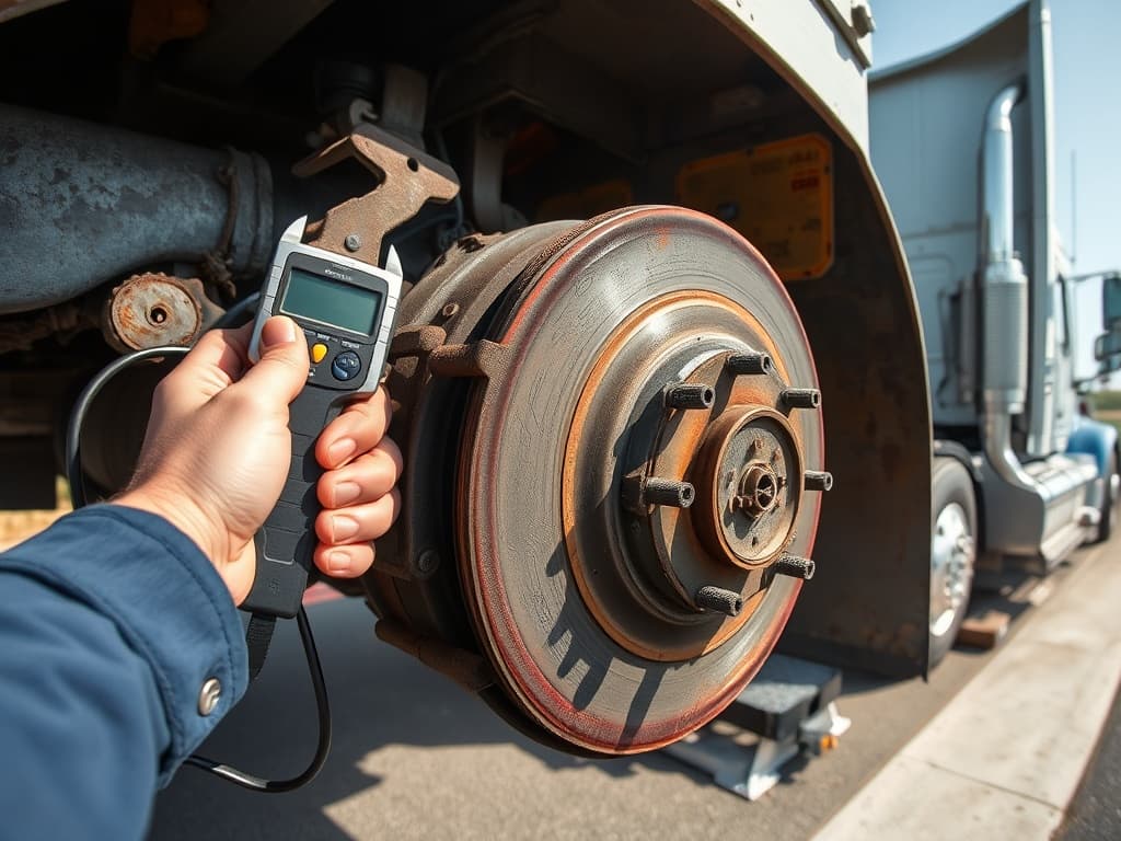 Technician measuring a worn brake pad with a caliper against an exposed drum on a steer axle.