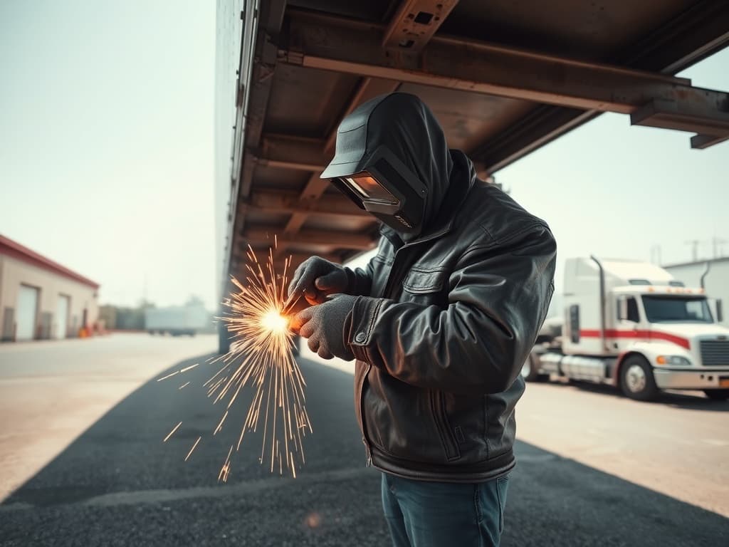 Mobile welder in a hood torching a cracked trailer crossmember, sparks visible.
