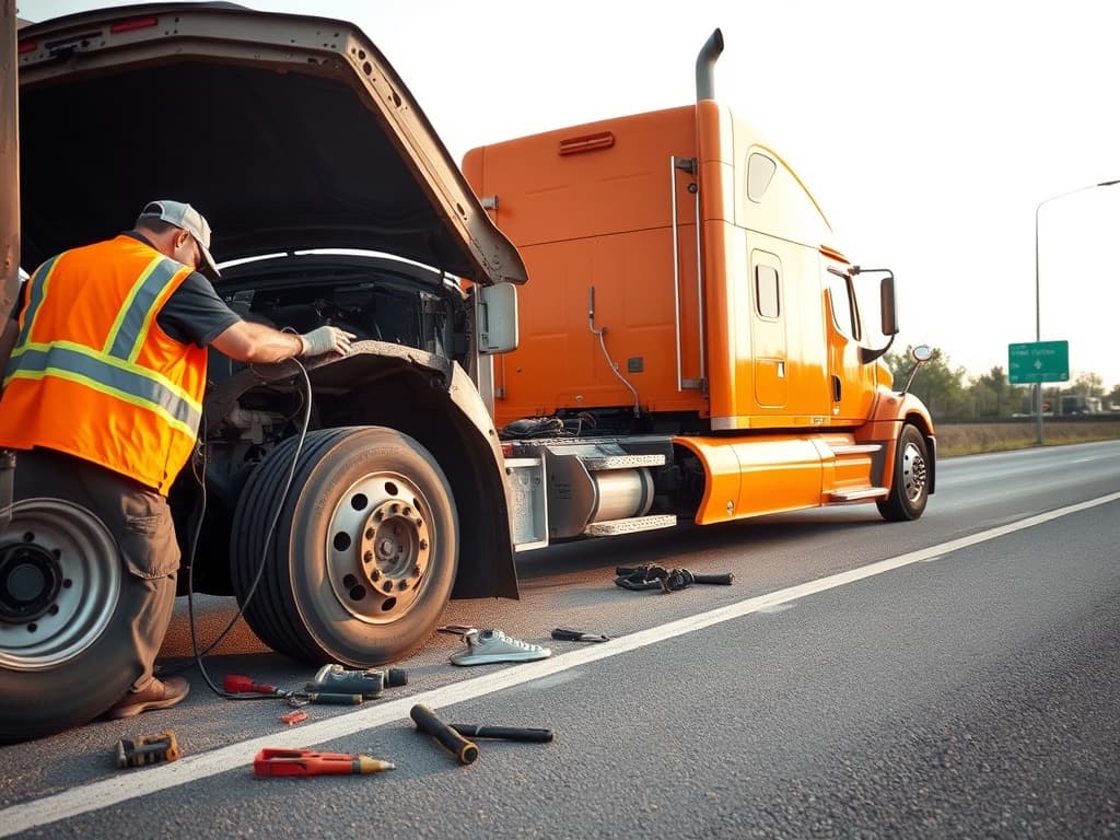 Mobile diesel technician working under the hood of an 18-wheel tractor-trailer on a US roadside, with an On The Road Again mobile service truck parked behind.